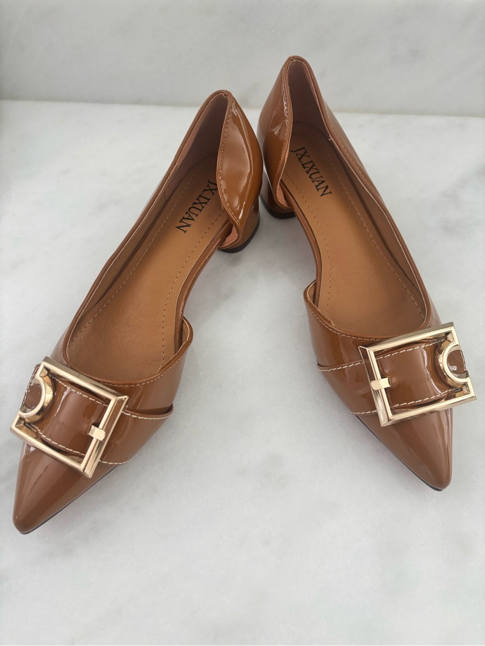 STYLEWE Brown Patent Pointed-Toe Flats with Gold Buckle